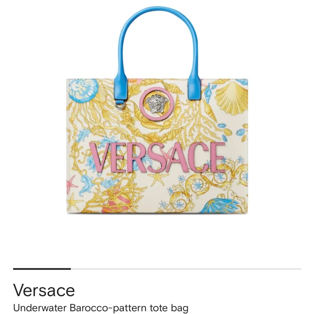 Versace Cream Multicolor Barocco Tote with Blue Handles